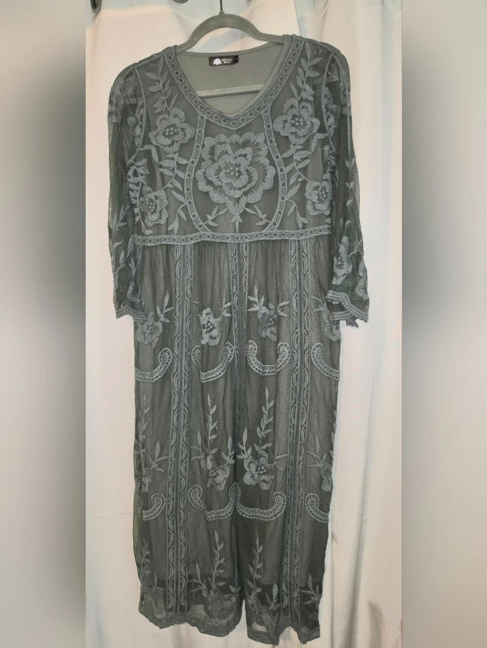 Embroidered Sheer Floral Midi Dress - Gray